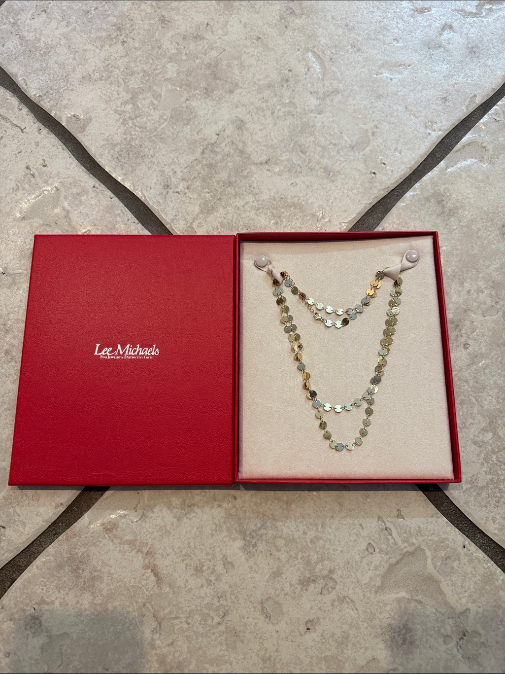 New In Box Lee Michaels Gold Plated Disc Necklace